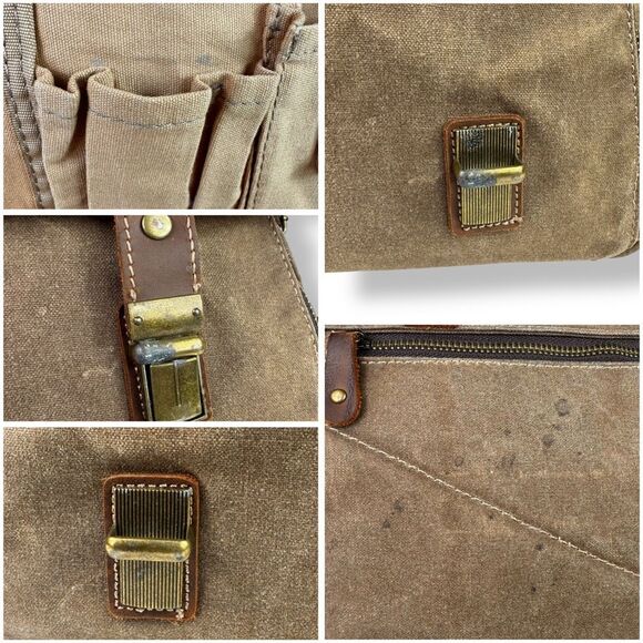 Vintage Style Waxed Canvas Brown Leather Rugged Briefcase Messenger Shoulder Bag - Picture 12 of 16
